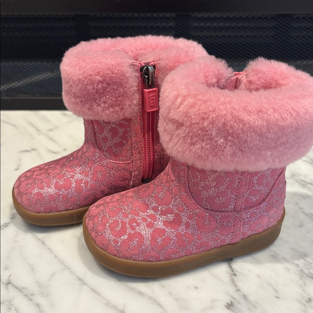 UGG Pink Baby Boots with Fuzzy Trim
